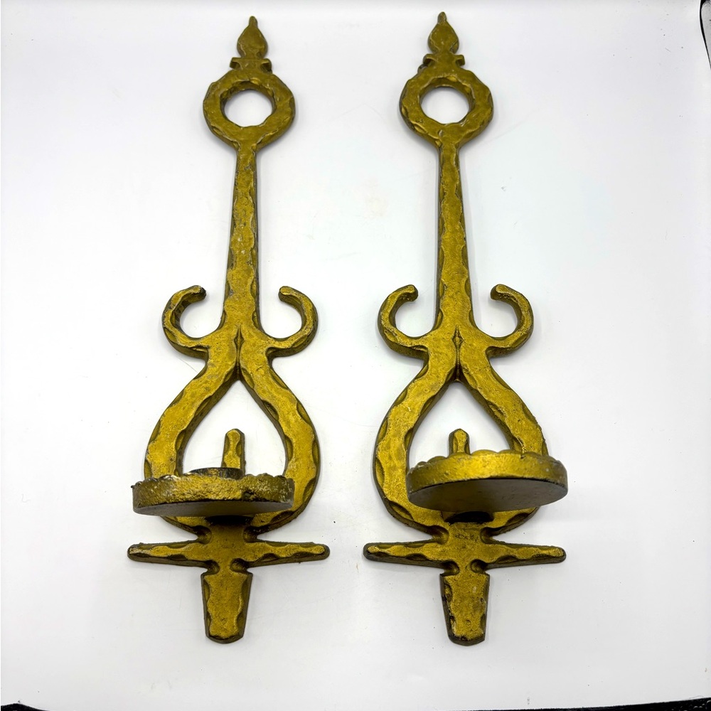 Vintage 19" Homco gold cast aluminum wall sconces candle holder gothic brutalist